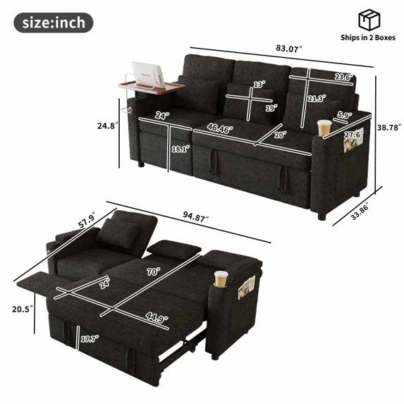 Muumblus 3-in-1 Convertible Sectional Sleeper Sofa with Recliner, Side Table & USB, 3-Seater Pull Out Couch Bed for Living Room, Black Chenille