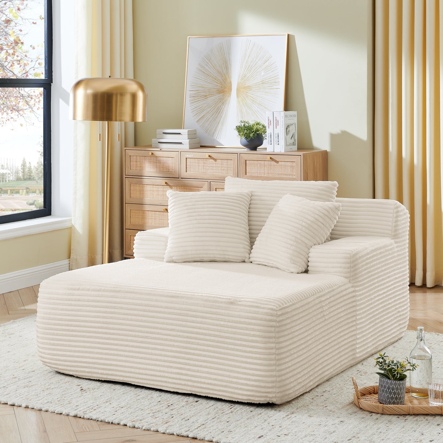 Muumblus Oversized Chaise Lounge Chair, No Assembly Required, Cozy Corduroy Sofa Bed for Living Room, Beige