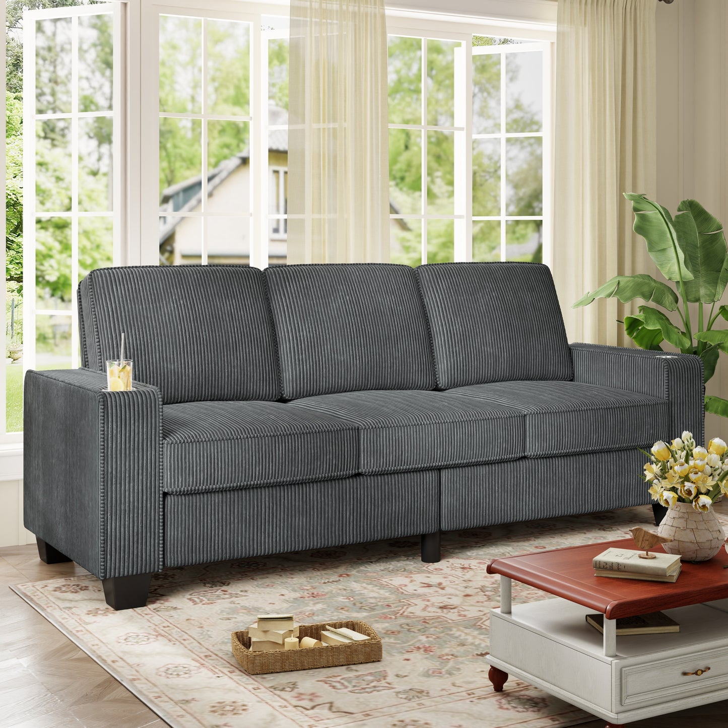 Muumblus 83.5" Living Room Sofa with Cup Holders, Cozy Plush Upholstered Couch, Corduroy Sofa 3-Seater, Black