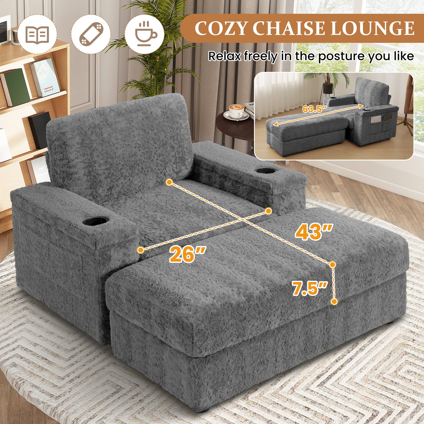 Muumblus 42" Chaise Lounge Indoor, Accent Armchair with Storage Ottoman & Armrests, Oversized Lounge Chair Sleeper Chair for Living Room, Gray Faux Rabbit Fur