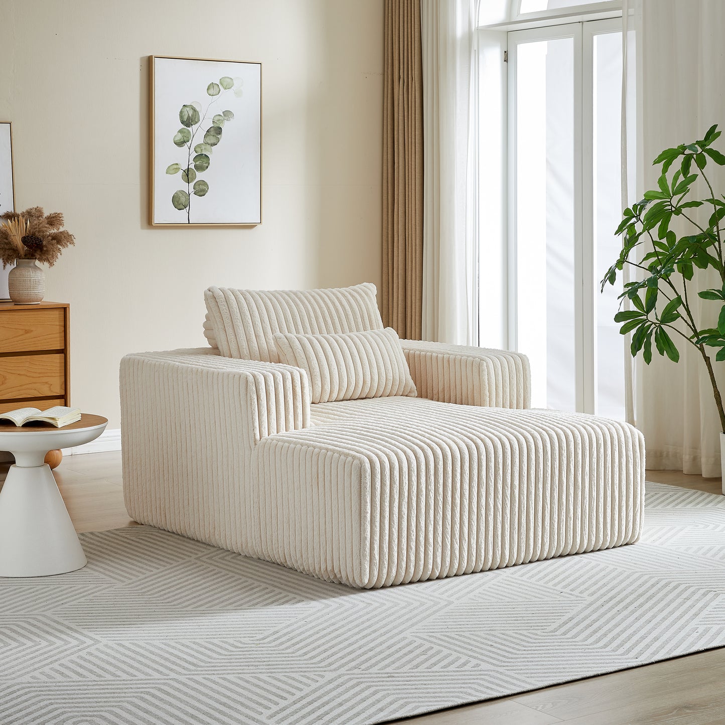 Muumblus Oversized Indoor Chaise Lounge, No Assembly Required, Cozy Corduroy Sleeper Sofa Bed, Beige