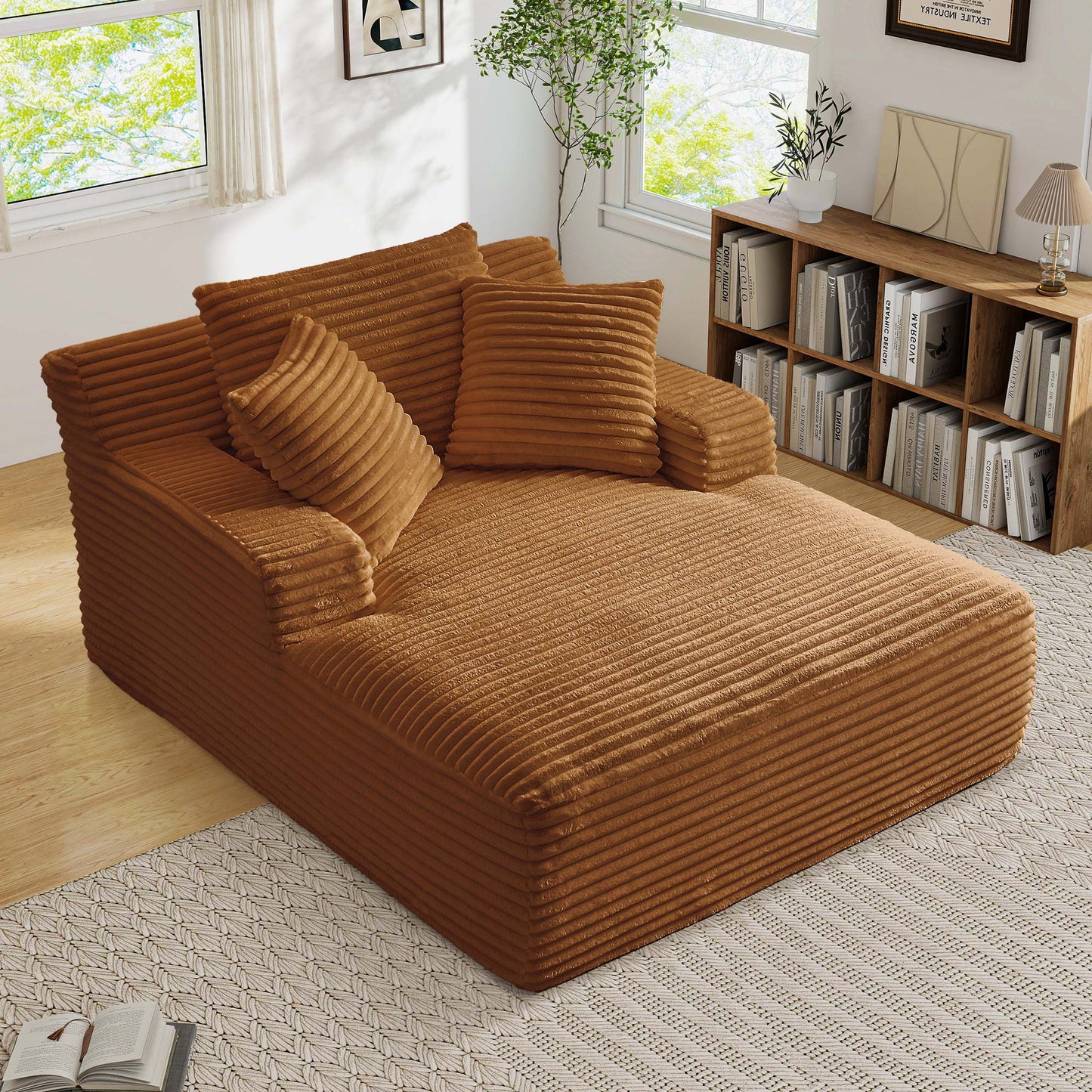 Muumblus Oversized Chaise Lounge Chiar Indoor Furniture, No Assembly Required, Plush Corduroy Upholstered Sofa Bed Cozy Sleeper Couch for Living Room, Bedroom