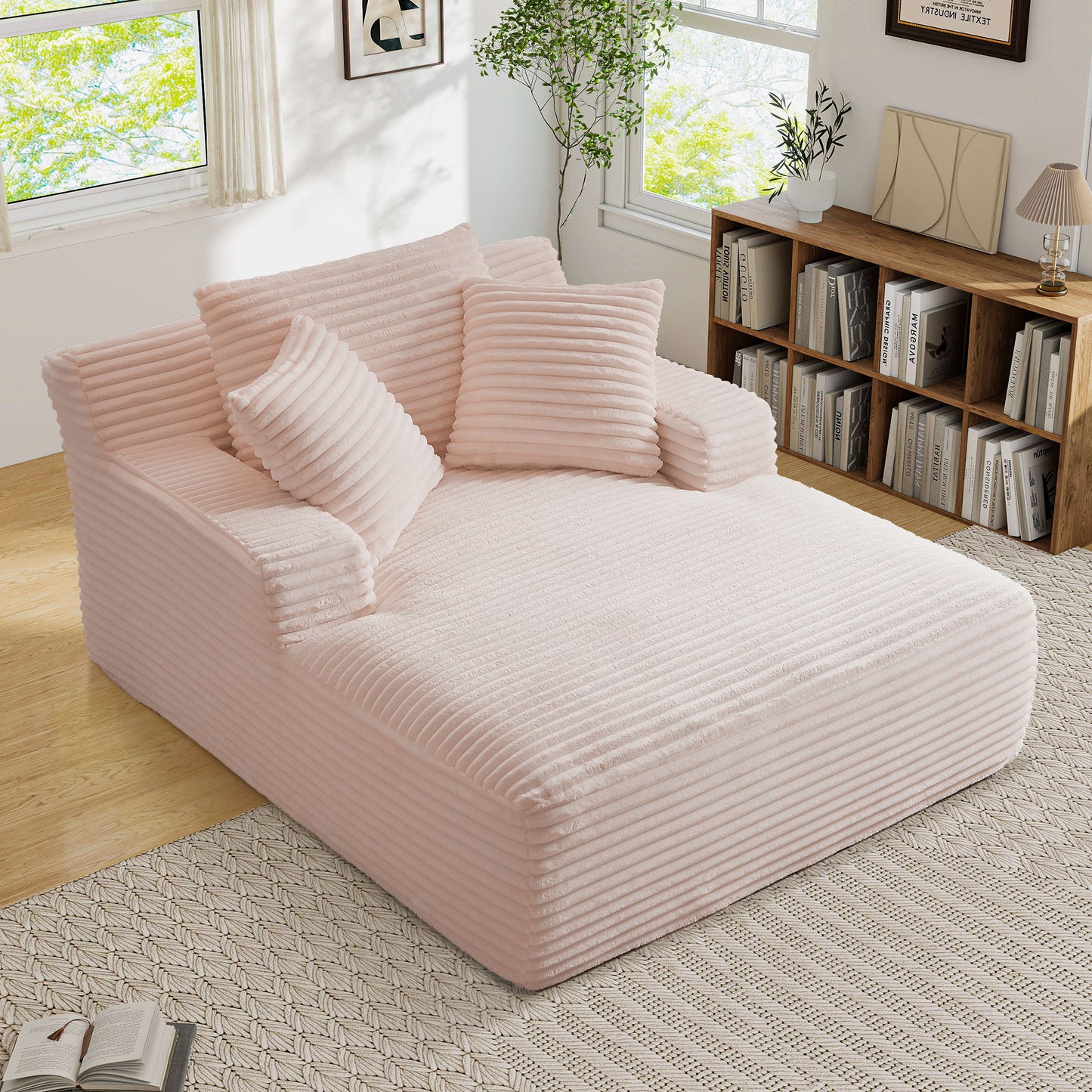 Muumblus Oversized Chaise Lounge Chiar Indoor Furniture, No Assembly Required, Plush Corduroy Upholstered Sofa Bed Cozy Sleeper Couch for Living Room, Bedroom
