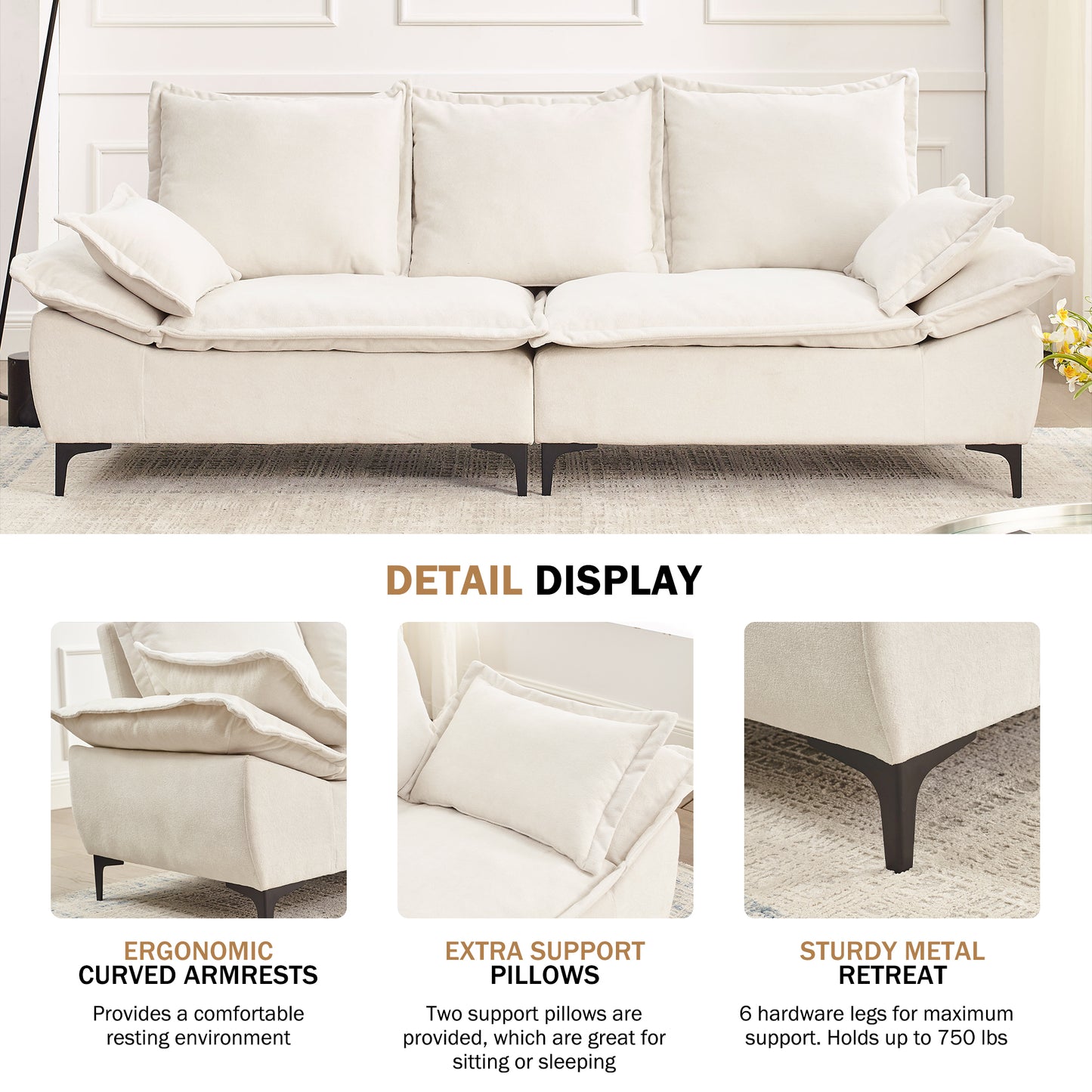 Muumblus 88.5" Upholstered Sofa Couch, 3 Seater Loveseat Sofa with 2 Pillows, Modern Velvet Couch for Living Room, Beige