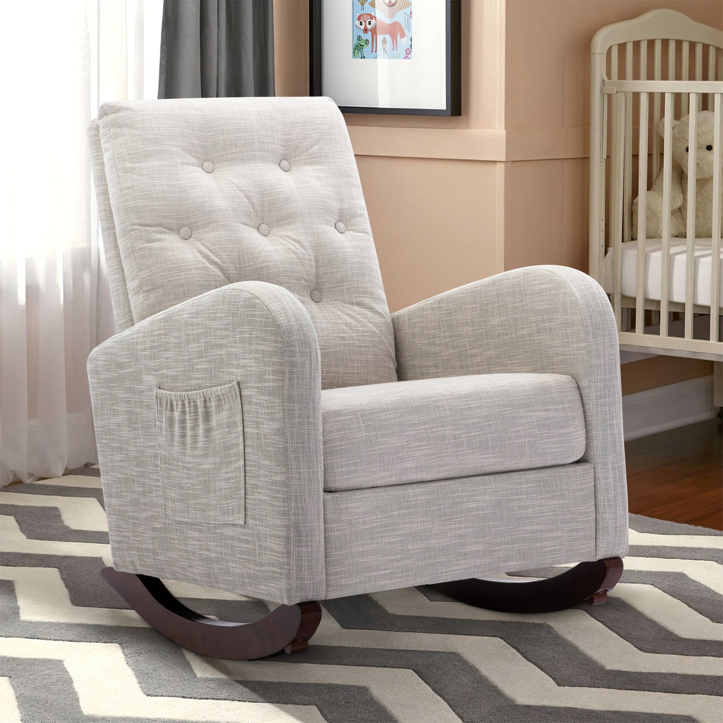 Muumblus Glider Rocker for Living Room, Rocking Chair for Nursery, Tufted High Back, Beige Linen