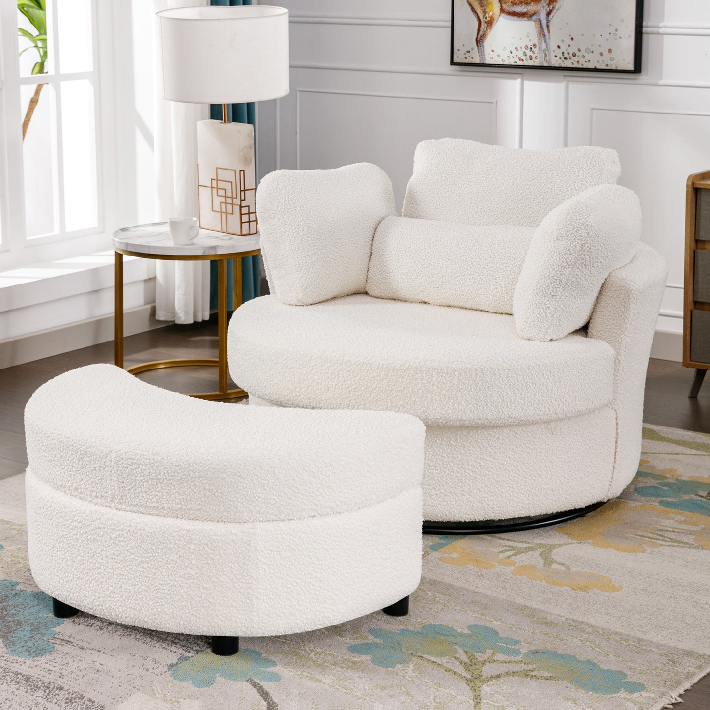 Muumblus Oversized Swivel Accent Barrel Chair with Storage Ottoman, Comfy Round Read Armchair for Living Room, Ivory