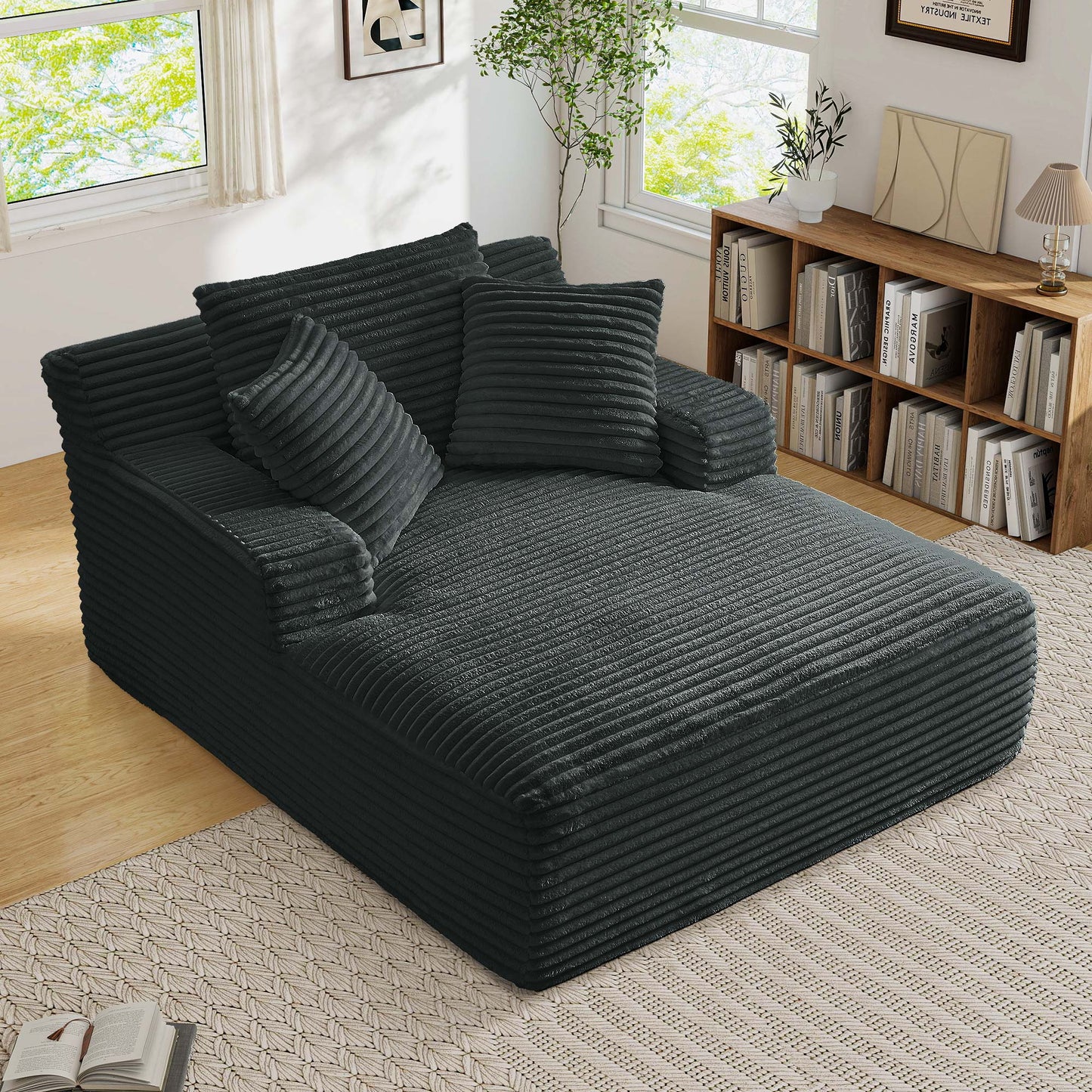 Muumblus Oversized Chaise Lounge Chiar Indoor Furniture, No Assembly Required, Plush Corduroy Upholstered Sofa Bed Cozy Sleeper Couch for Living Room, Bedroom