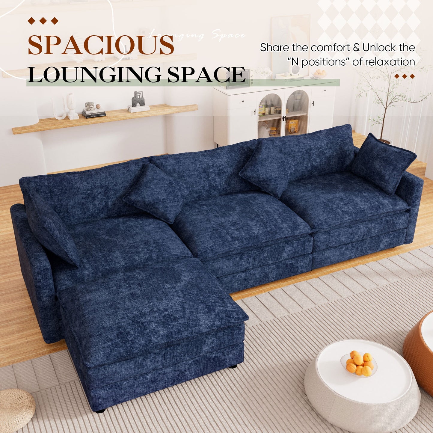Muumblus Sectional Sofa Cloud Couch with Reversible Ottoman, L-Shaped Chenille Sofa for Living Rooms, Beige