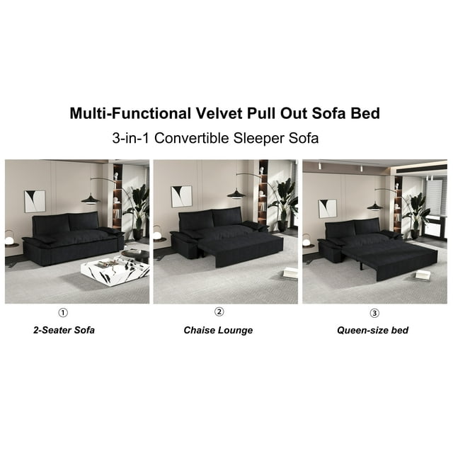 Muumblus 70" Queen Pull Out Sofa Bed, Modern 3-in-1 Convertible Loveseat Sleeper with 2 Pillows, Velvet Sleeper Sofa for Living Room, Bedroom, Small Apartment, Black