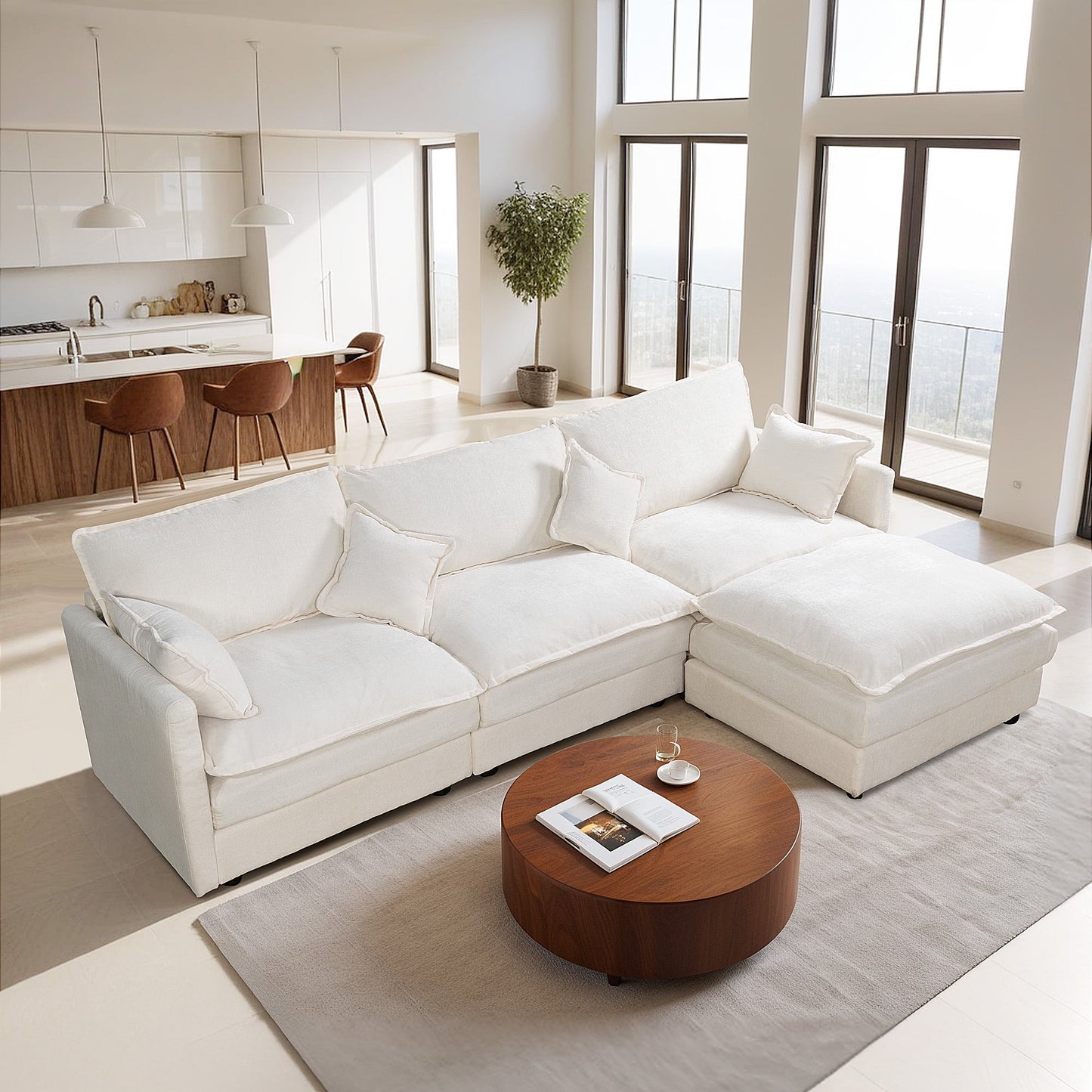 Muumblus Sectional Sofa Cloud Couch with Reversible Ottoman, L-Shaped Chenille Sofa for Living Rooms, Beige