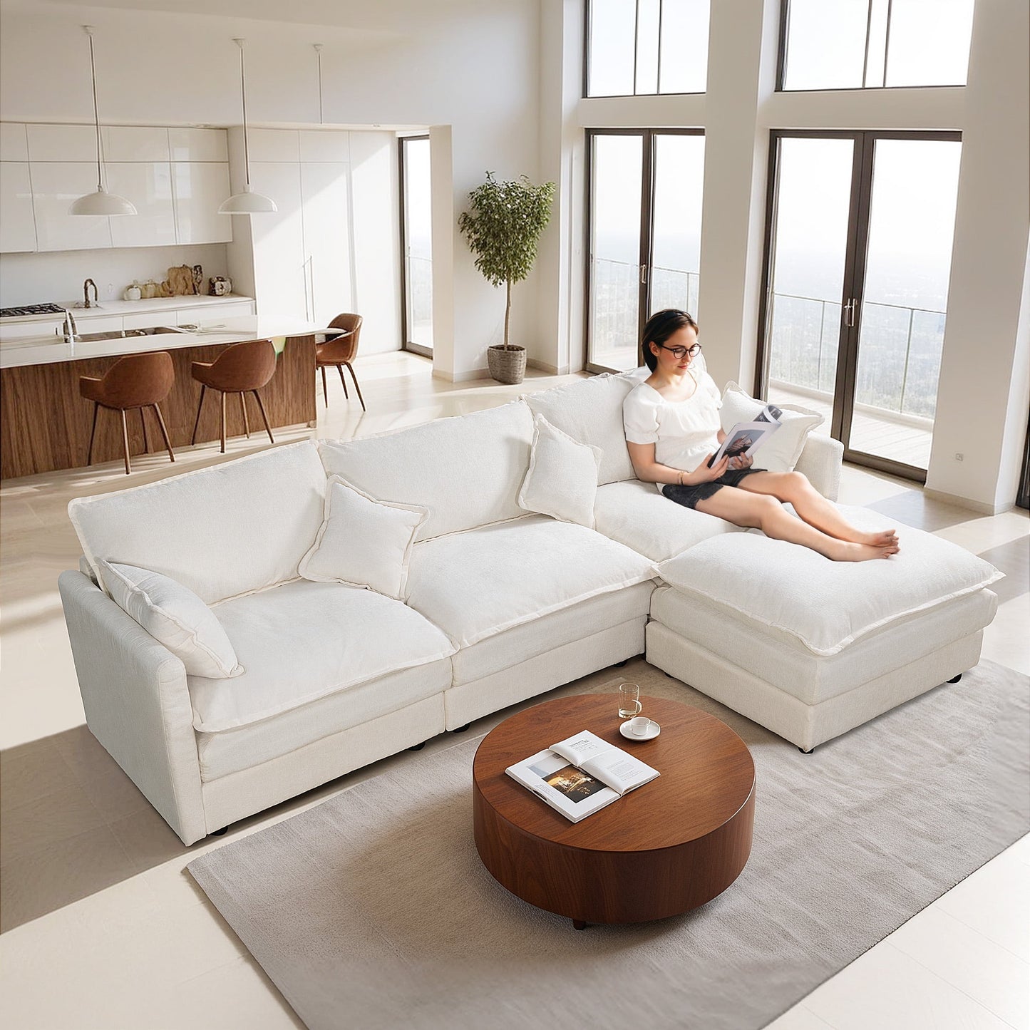 Muumblus Sectional Sofa Cloud Couch with Reversible Ottoman, L-Shaped Chenille Sofa for Living Rooms, Beige