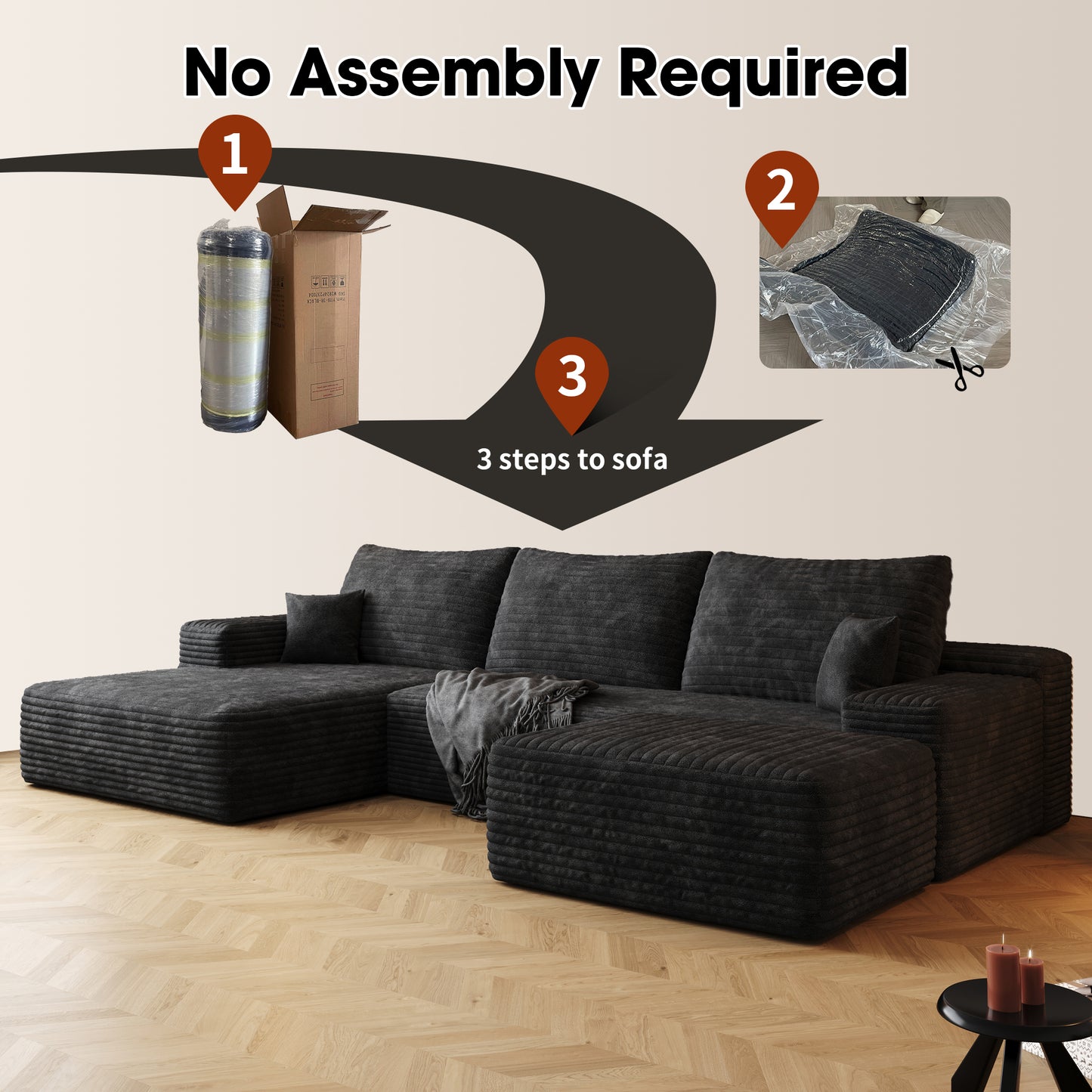 Muumblus 107" Cloud Sectional Sofa with Left Chaise, Cozy U-Shaped Modular Sofa with Ottoman, Plush Corduroy Sleeper Bed Couch, No Assembly Required, Black