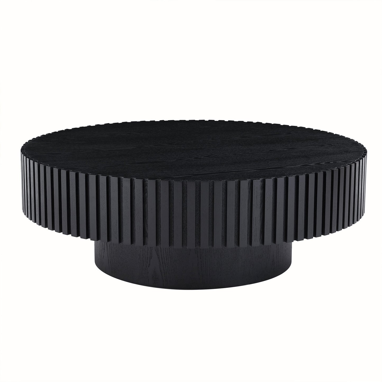 Muumblus Round Wood Coffee Table, Modern Unique Fluted Accent Center Table for Living Room, Black