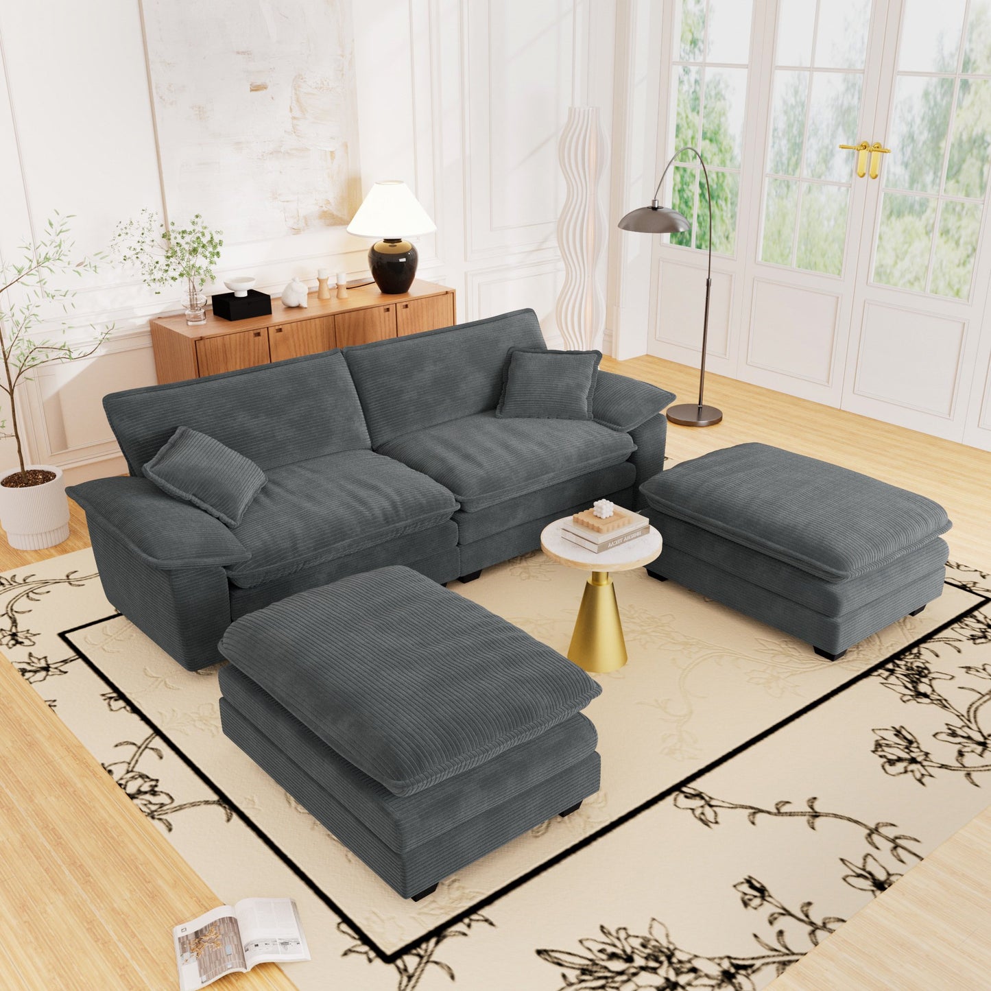 Muumblus Corduroy Comfy Sectional Sofa with 2 Ottoman, Modern Deep Seat Lounge Couch for Living Room