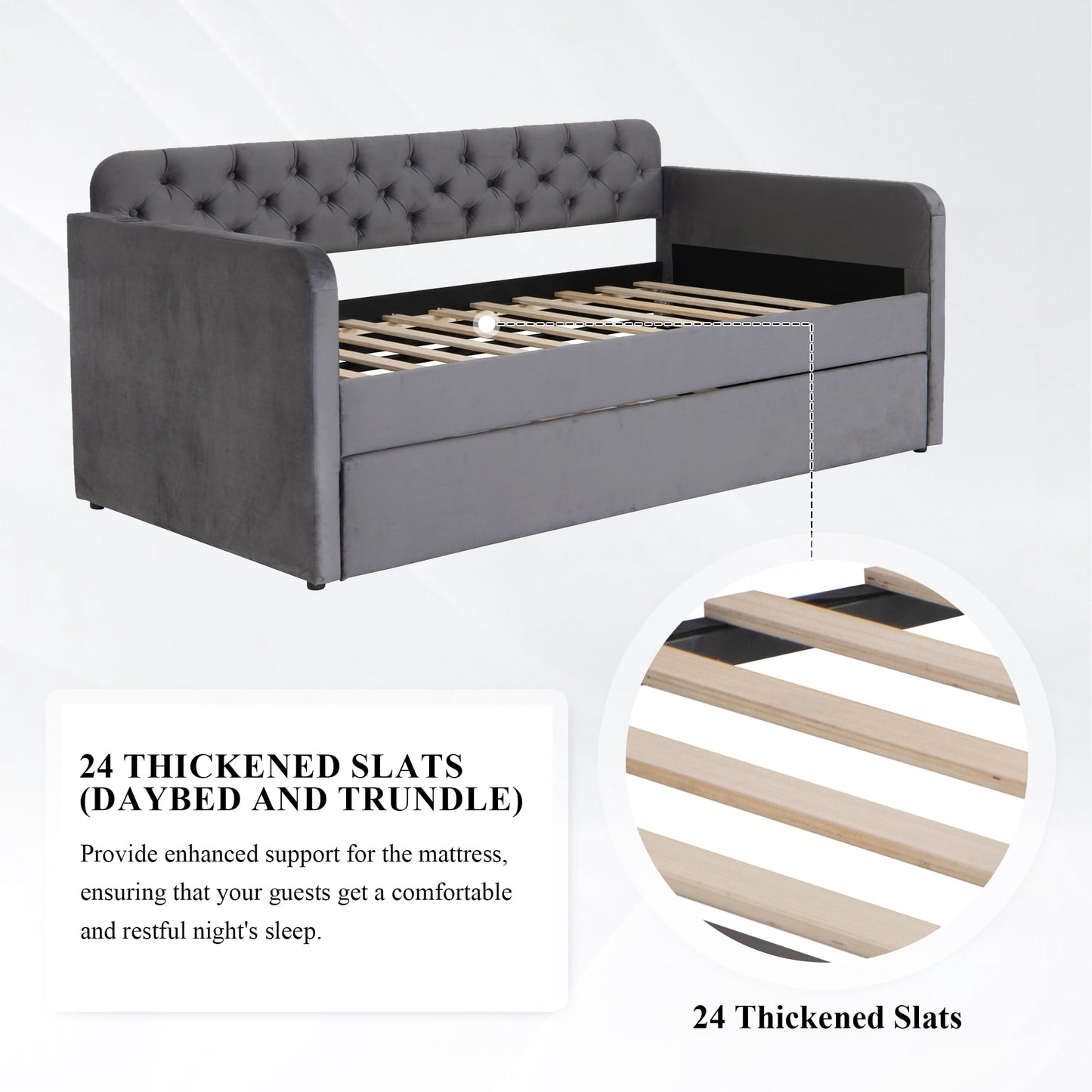 Muumblus Twin Size Daybed with Trundle Bed with USB Ports, Modern Velvet Tufted Bed Frame for Bedroom, Not Box Spring Required, Dark Gray