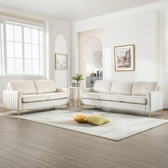 Muumblus 65 inch Loveseat Sofa, 2 Seater Sofa for Small Space, Tufted Velvet Couch, Mid Century Modern Small Couches for Living Room, Bedroom, Beige