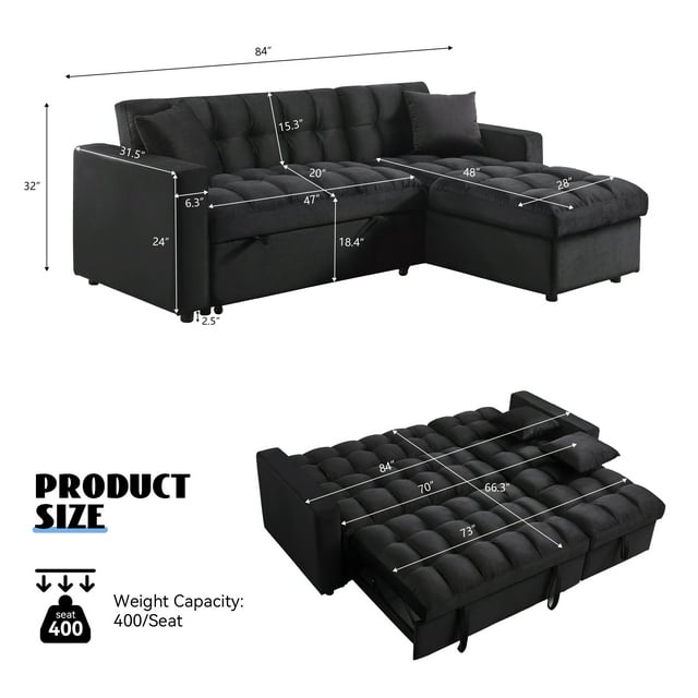 Muumblus 84" Convertible Sofa Bed, Pull Out Sofa Bed, Modern Tufted Sectional Sleeper Sofa with Storage Chaise, L Shaped Sofa Couch for Living Room, Black Velvet