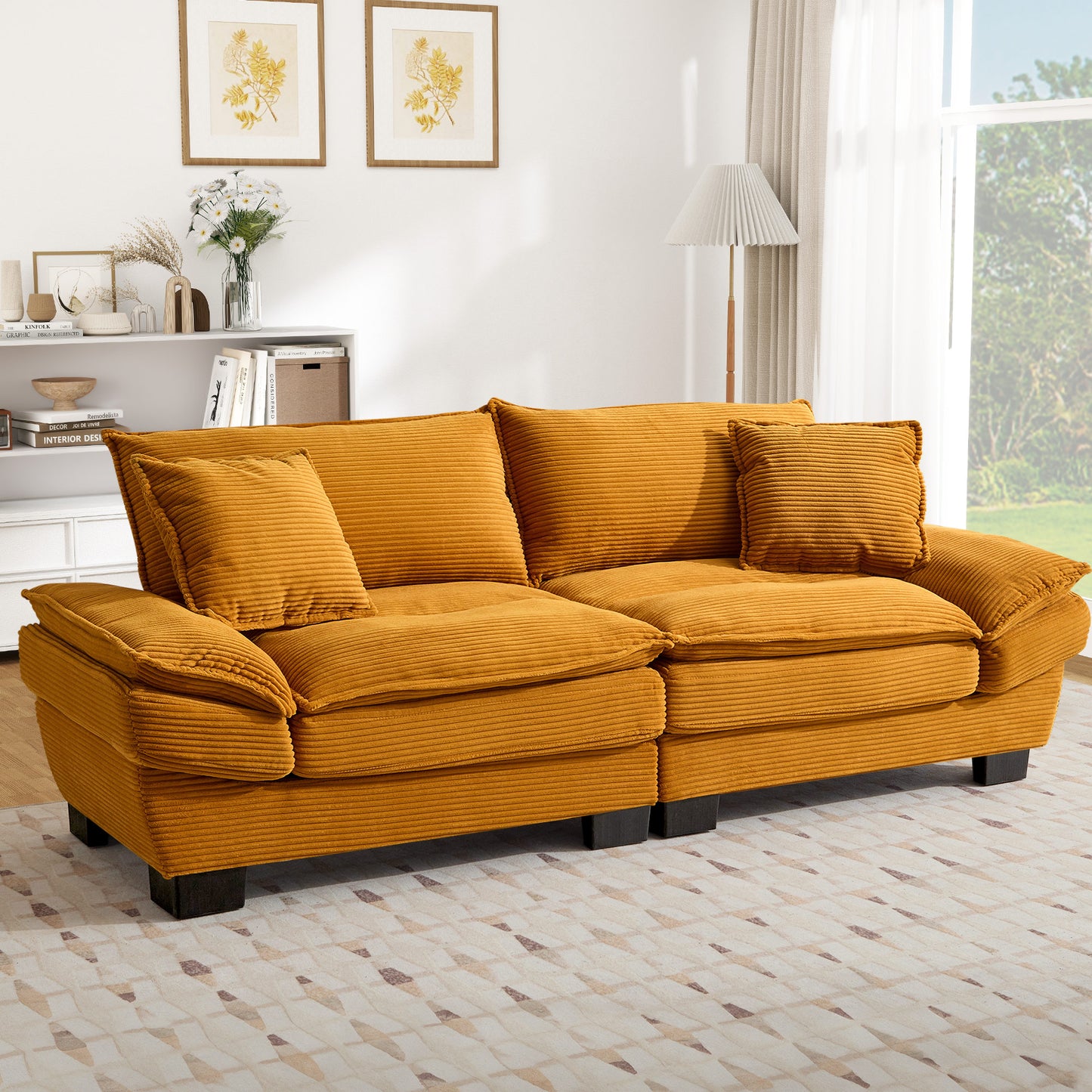 Muumblus 80"L Corduroy Deep Seat Sofa, Upholstered 3-Seater Sleeper Couch for Living Room, Black