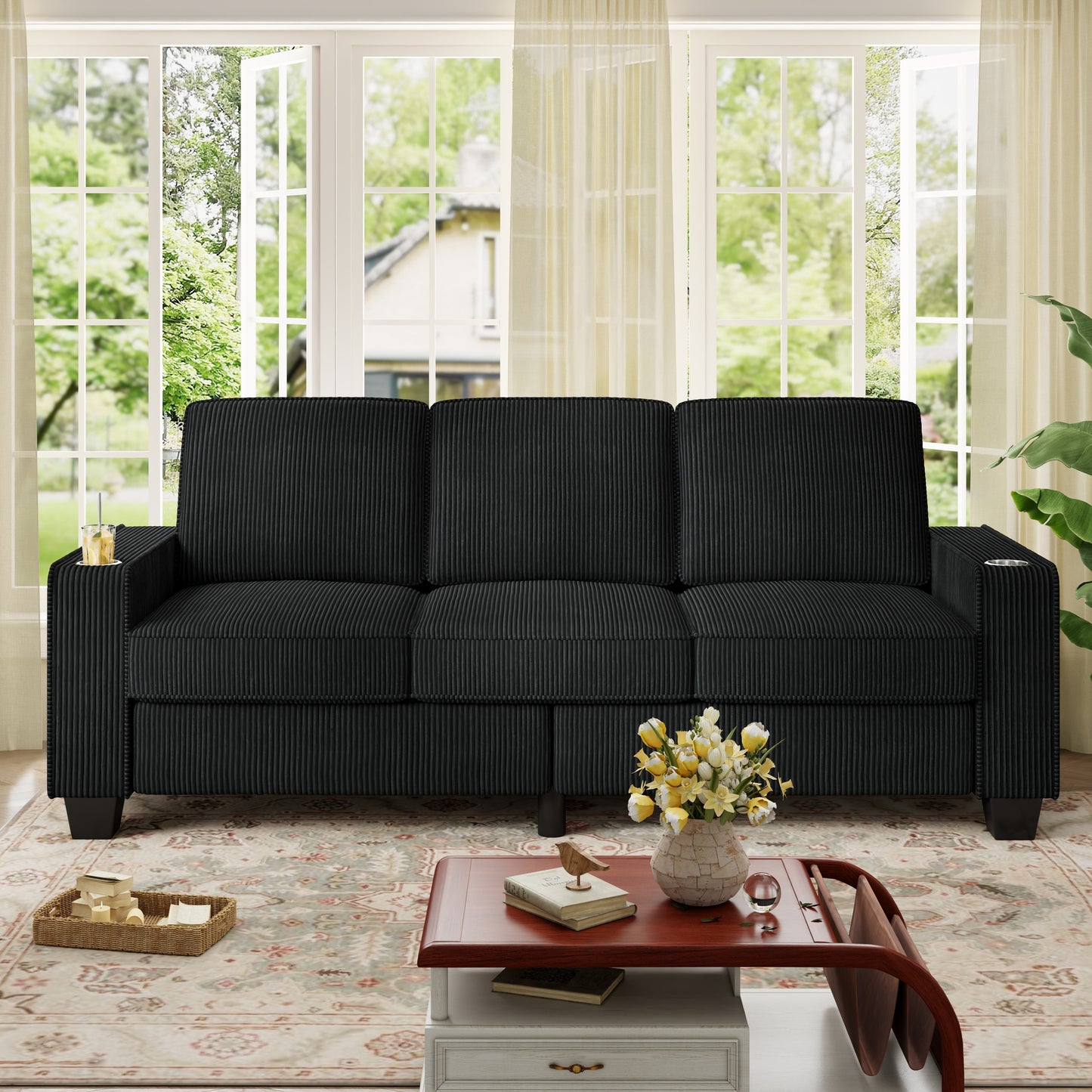 Muumblus 83.5" Living Room Sofa with Cup Holders, Cozy Plush Upholstered Couch, Corduroy Sofa 3-Seater, Black