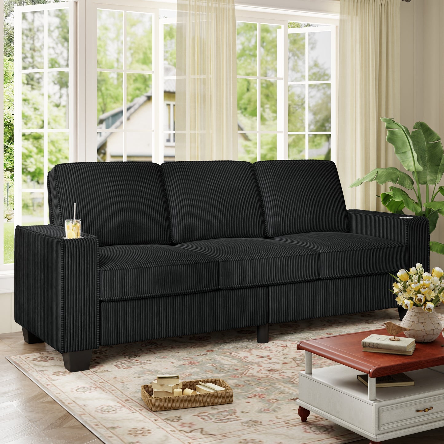 Muumblus 83.5" Living Room Sofa with Cup Holders, Cozy Plush Upholstered Couch, Corduroy Sofa 3-Seater, Black