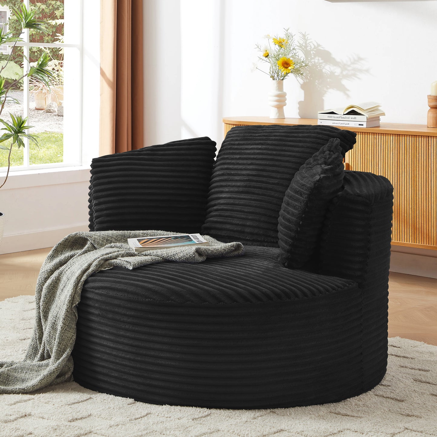 Muumblus 48.8" Oversized Accent Barrel Chair, Fluffy Round Lazy Sofa Chair for Adults, No Assembly Required, Black Corduroy