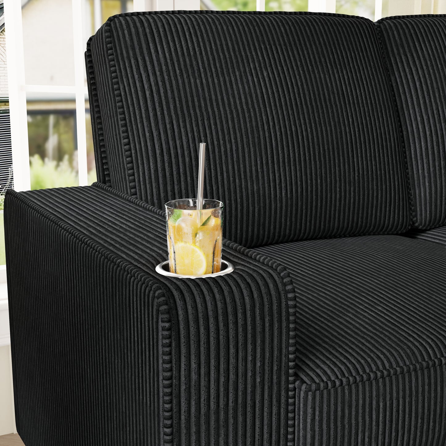 Muumblus 83.5" Living Room Sofa with Cup Holders, Cozy Plush Upholstered Couch, Corduroy Sofa 3-Seater, Black