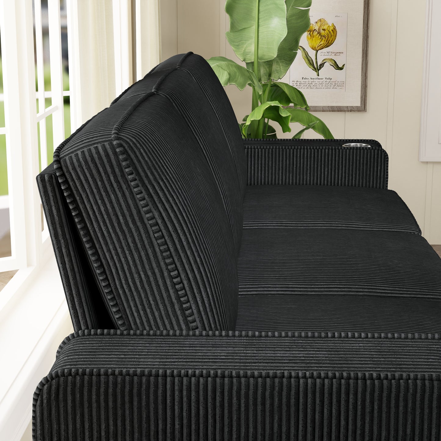Muumblus 83.5" Living Room Sofa with Cup Holders, Cozy Plush Upholstered Couch, Corduroy Sofa 3-Seater, Black