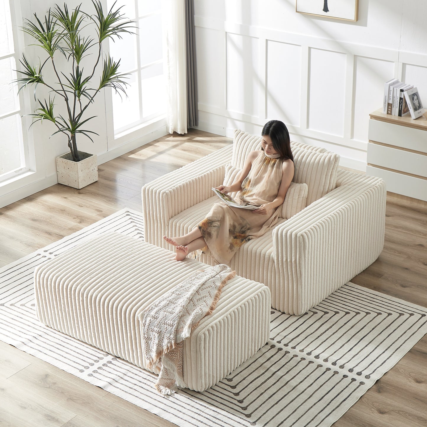 Muumblus Oversized Lounge Chair with Ottoman, No Assembly Required, Corduroy Sleeper Sofa Couch for Living Room, Beige