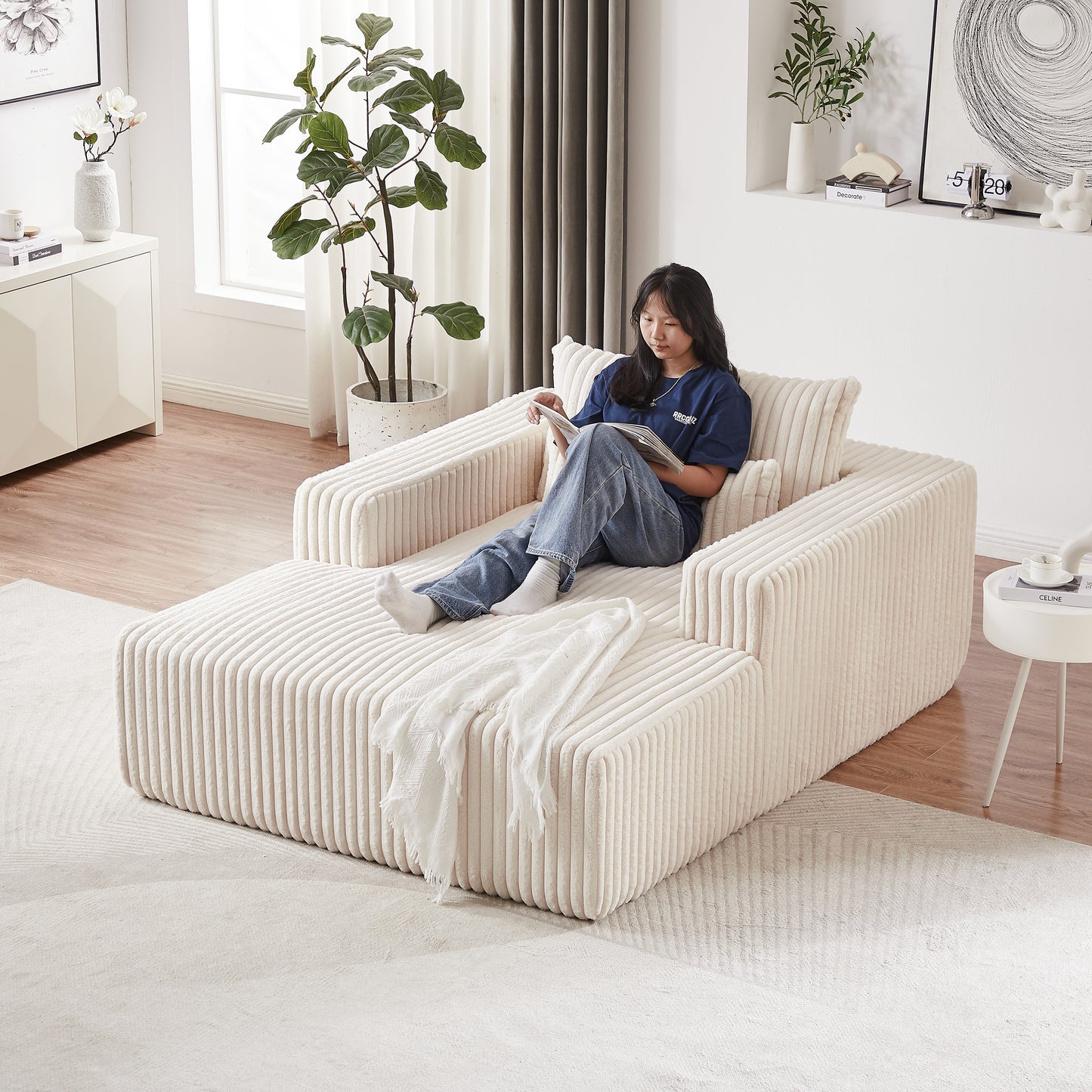 Muumblus Oversized Chaise Lounge Chair, No Assembly Required, Corduroy Sleeper Sofa Bed for Living Room, Beige