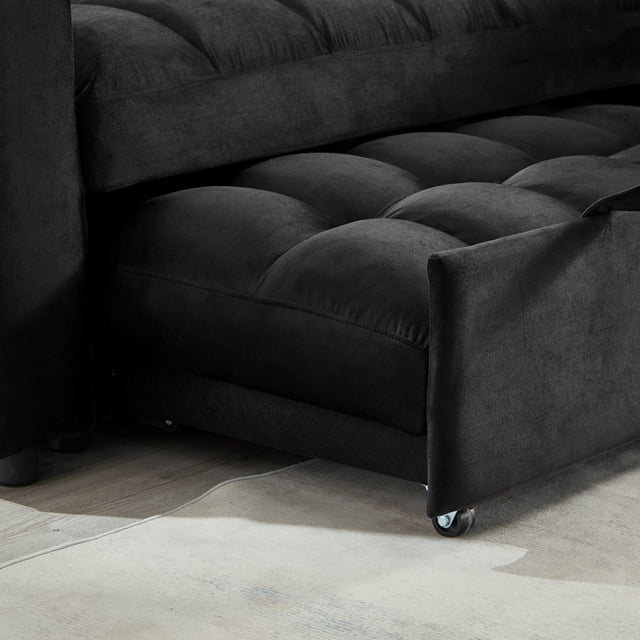 Muumblus 84" Convertible Sofa Bed, Pull Out Sofa Bed, Modern Tufted Sectional Sleeper Sofa with Storage Chaise, L Shaped Sofa Couch for Living Room, Black Velvet