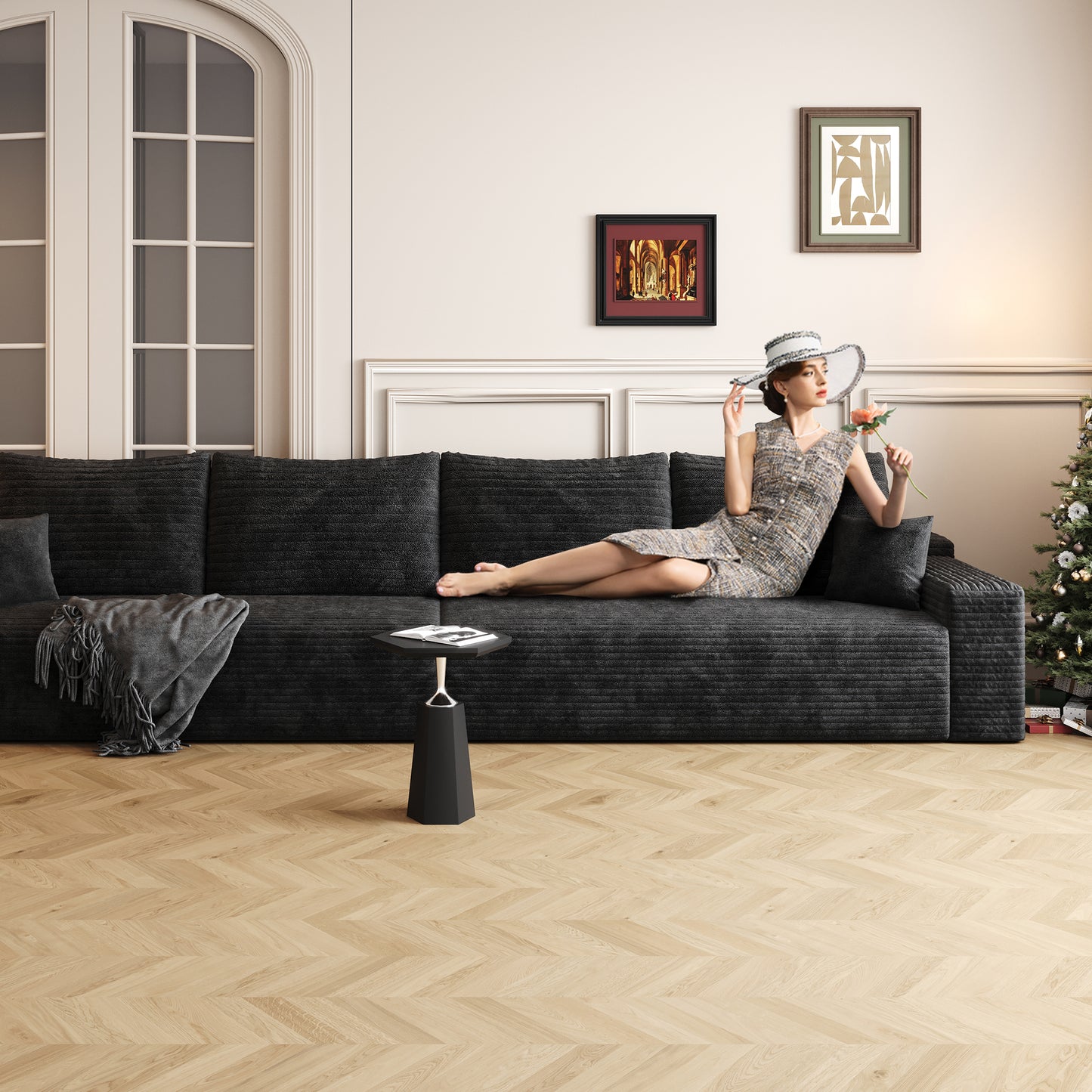 Muumblus 140" Cloud Sectional Sofa, Cozy 4-Seater Modular Sofa, Plush Corduroy Sleeper Bed Couch, No Assembly Required, Black