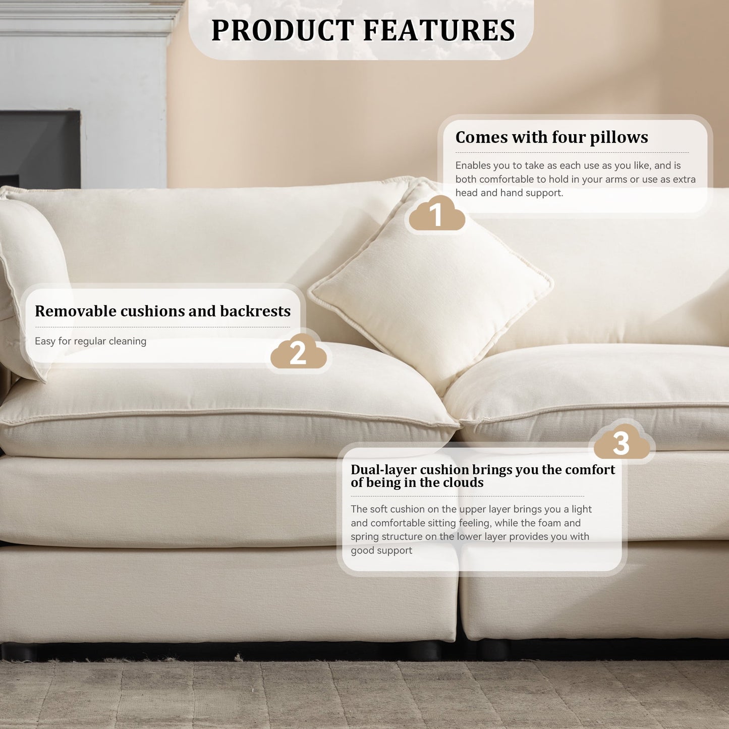 Muumblus Sectional Sofa Cloud Couch with Reversible Ottoman, L-Shaped Chenille Sofa for Living Rooms, Beige