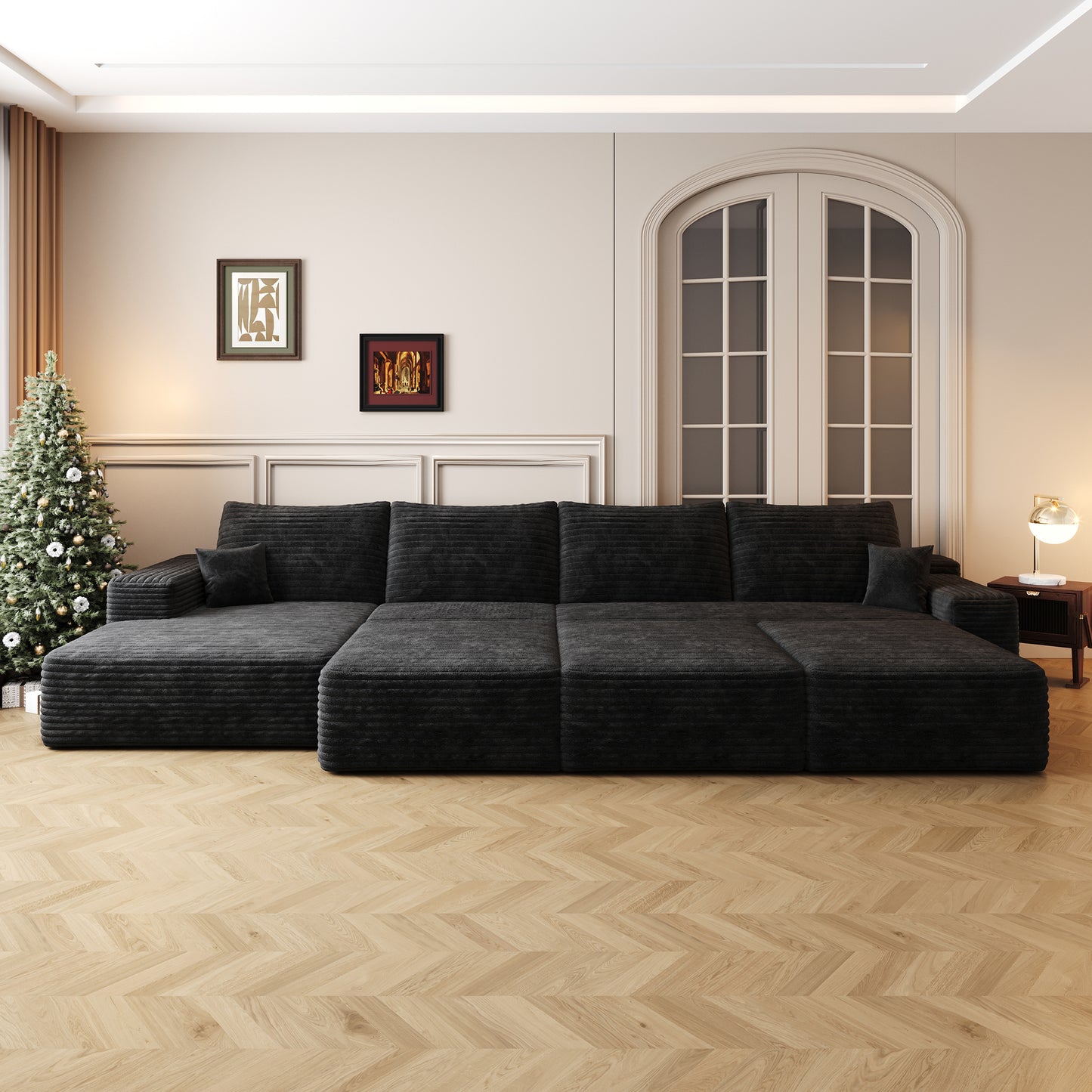 Muumblus 135" Cloud Sectional Sofa with Left Chaise, Oversized Cozy Modular Sofa with 3 Ottomans, Plush Corduroy Sleeper Bed Couch, No Assembly Required, Black