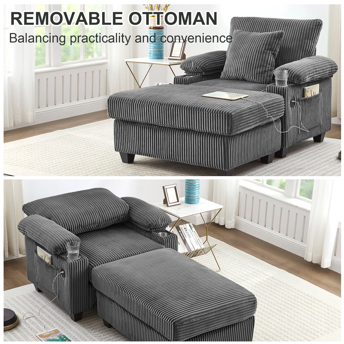 Muumblus Living Room Chair with Ottoman, 7-Speed Adjustable Backrest, USB & Storage Arms, Cozy Indoor Corduroy Lounge Armchair