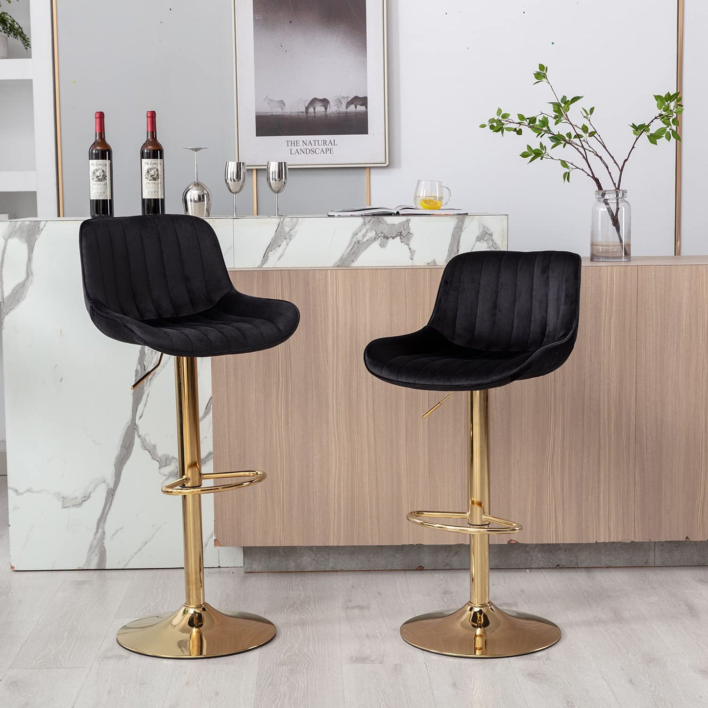 Bar Stools Set of 2, Muumblus Morden Velvet Counter Bar Height Stools with Shell Back, Adjustable 360 Degree Swivel Bar Chairs for Home, Kitchen Island