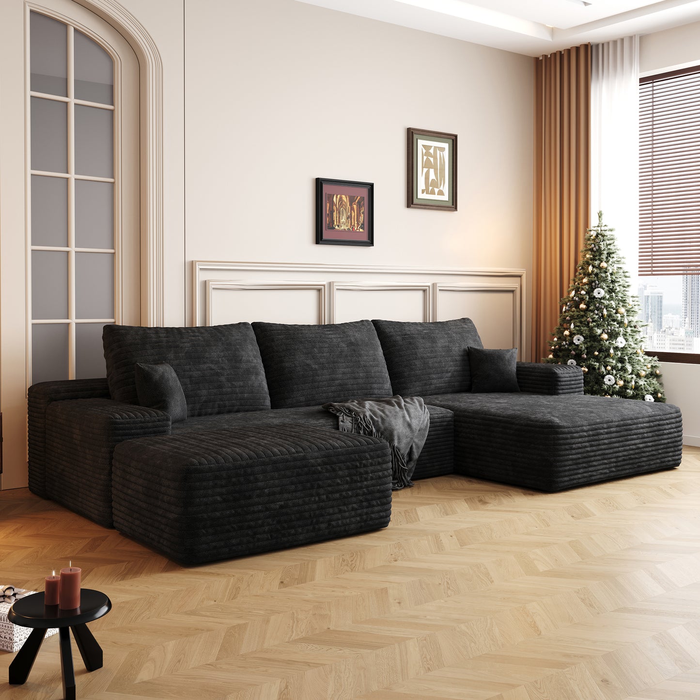 Muumblus 107" Cloud Sectional Sofa with Left Chaise, Cozy U-Shaped Modular Sofa with Ottoman, Plush Corduroy Sleeper Bed Couch, No Assembly Required, Black