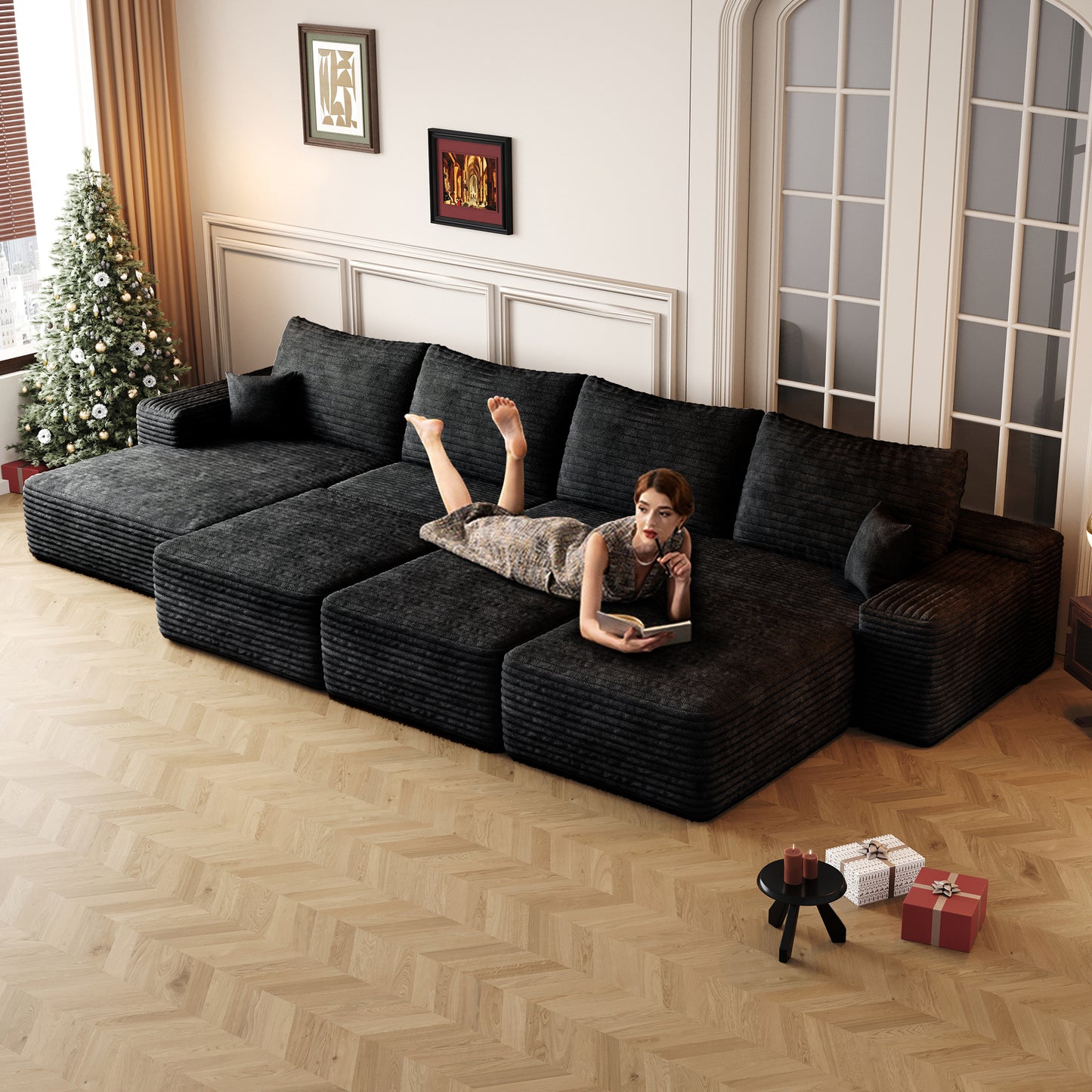 Muumblus 135" Cloud Sectional Sofa with Left Chaise, Oversized Cozy Modular Sofa with 3 Ottomans, Plush Corduroy Sleeper Bed Couch, No Assembly Required, Black