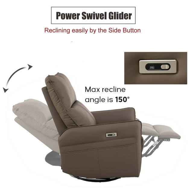 Muumblus Power Swivel Glider Rocker Recliner in Brown Faux Leather