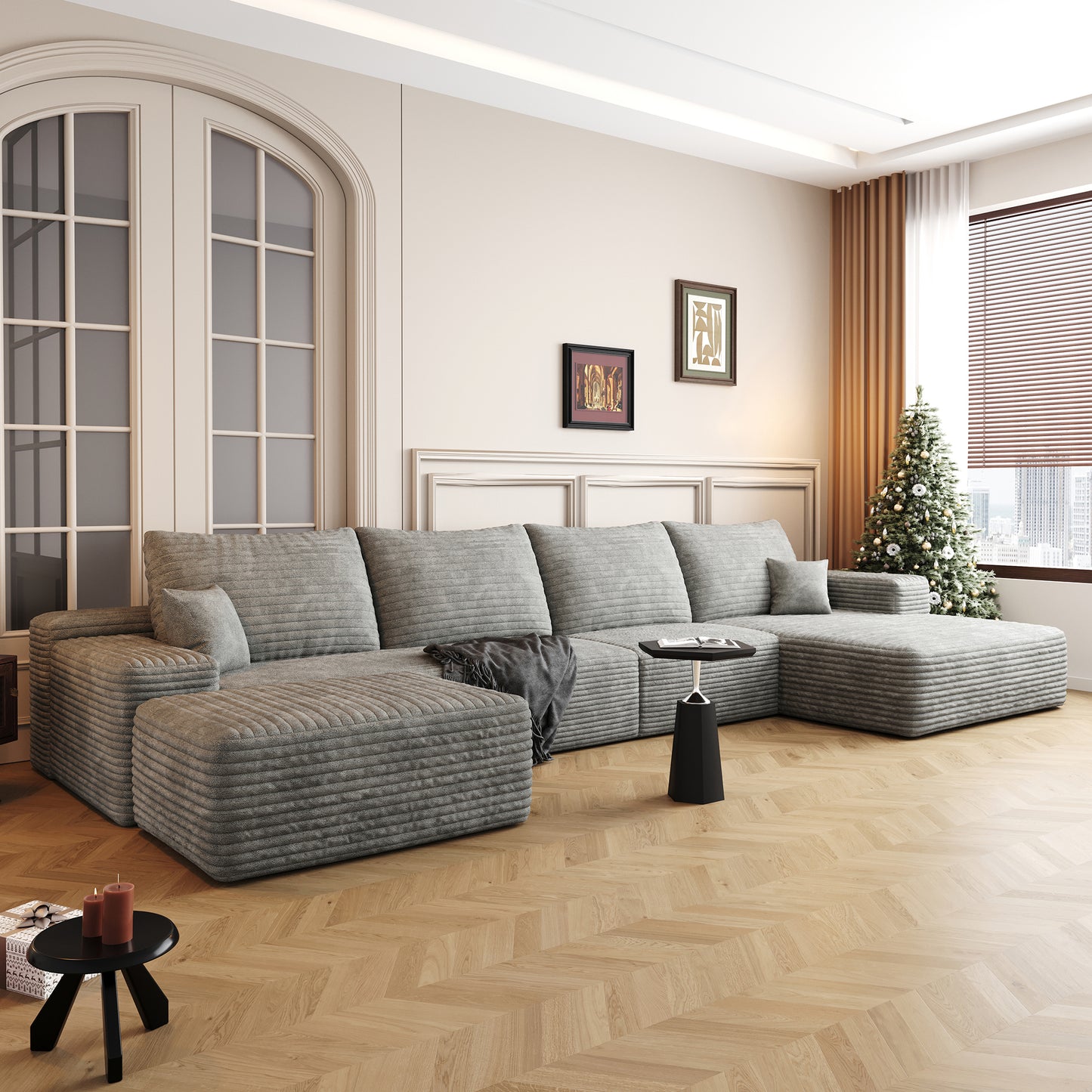 Muumblus 135" Cloud Sectional Sofa with Left Chaise, Cozy U-Shaped Modular Sofa with Ottoman, Plush Corduroy Sleeper Bed Couch, No Assembly Required, Black