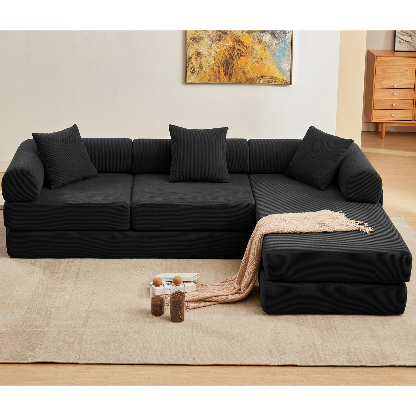 Muumblus L-Shape Convertible Floor Sofa Bed, Comfy Foldable Modular Sleeper Sectional Couch for Living Room, Bedroom