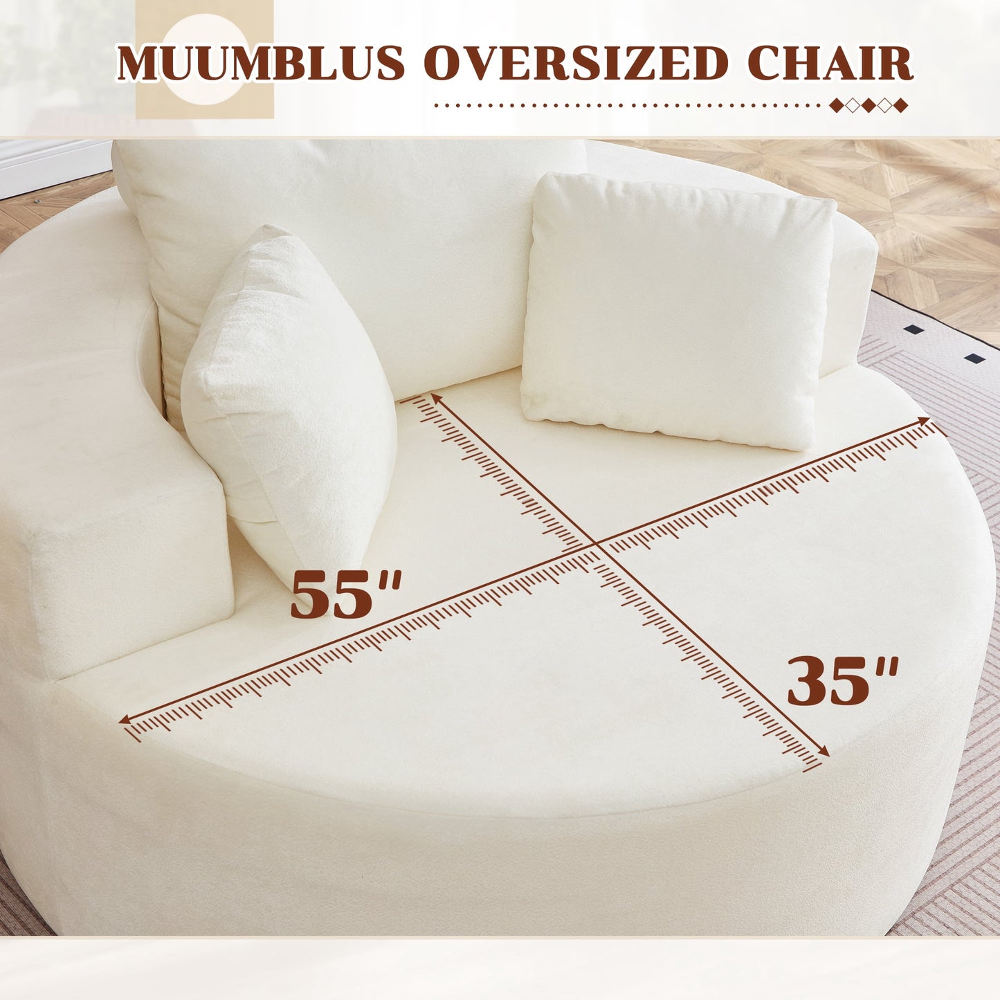 Muumblus Oversized Round Lounge Chaise Chair Indoor,Corduroy Boneless Cloud Couch with 3 Pillows, No Assembly Required, Modern Accent Chair for Living Room, Beige Chenille