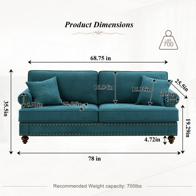 Muumblus Mid-Century Upholstered Sofa Couch, 3 Seater Sofa with Nailhead, 82" Chenille Living Room Sofa, Lake Green