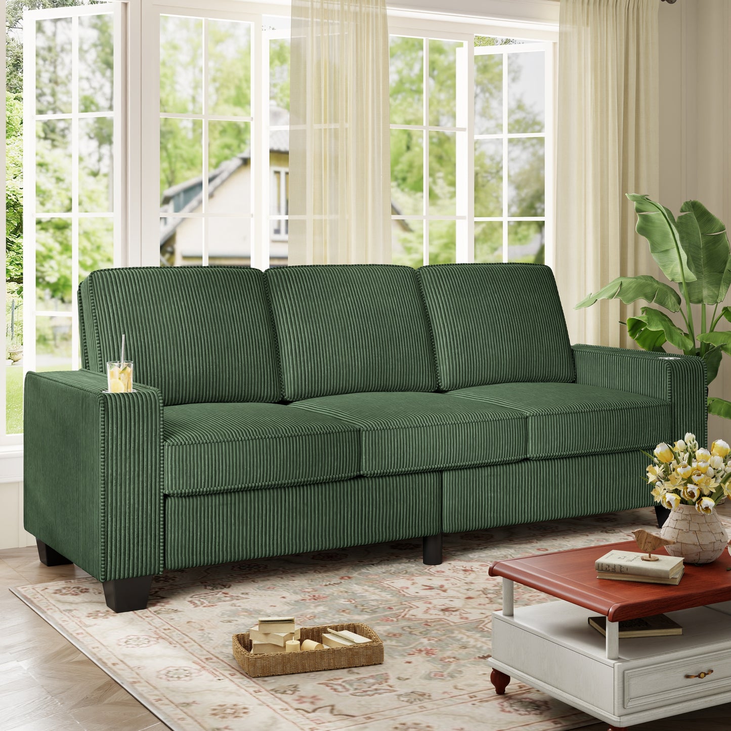 Muumblus 83.5" Living Room Sofa with Cup Holders, Cozy Plush Upholstered Couch, Corduroy Sofa 3-Seater, Black