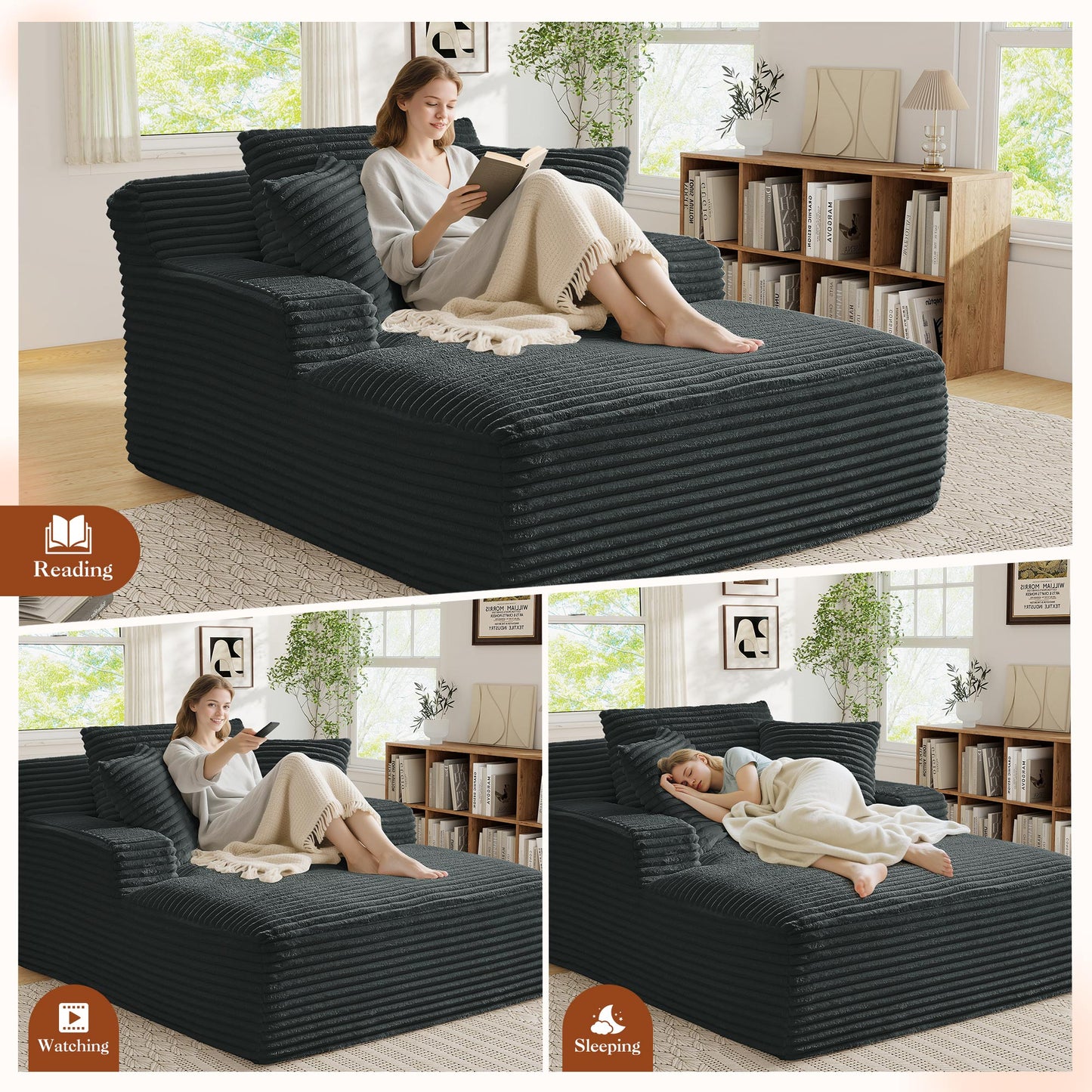 Muumblus Oversized Chaise Lounge Chiar Indoor Furniture, No Assembly Required, Plush Corduroy Upholstered Sofa Bed Cozy Sleeper Couch for Living Room, Bedroom
