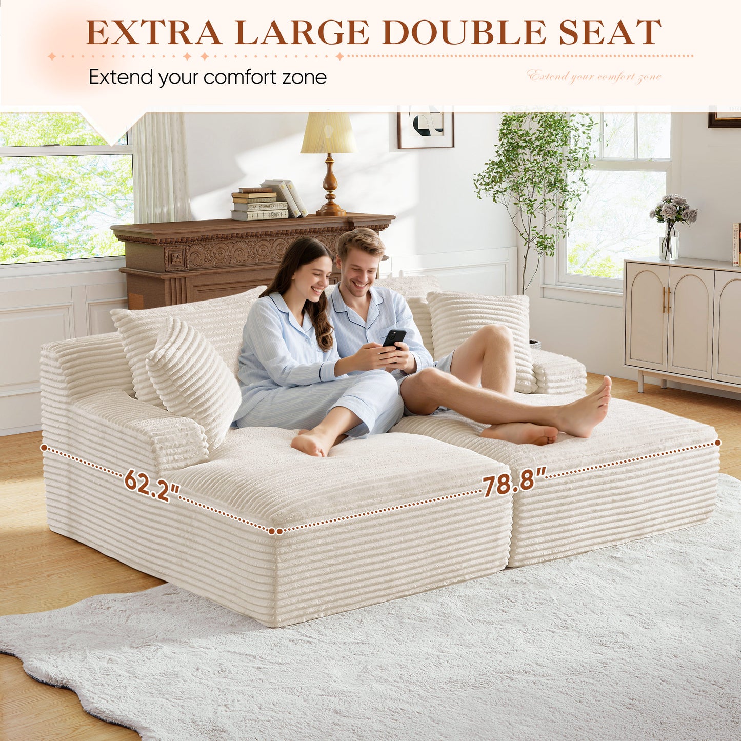 Muumblus Oversized Double Chaise Lounge Chair, Modern Indoor Boneless Cloud Sofa, Plush Corduroy Upholstered Modural Sectional Sleeper Couch for Living Room Apartment