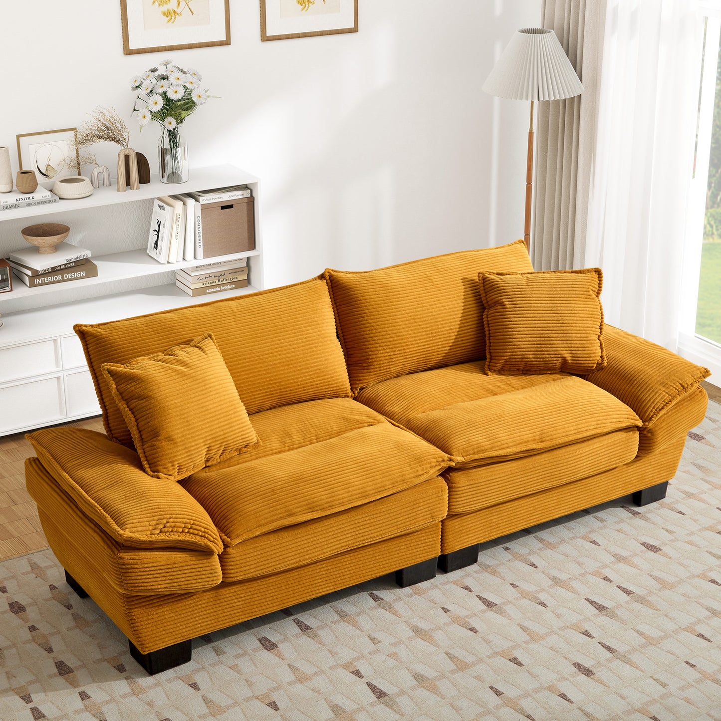 Muumblus 80"L Corduroy Deep Seat Sofa, Upholstered 3-Seater Sleeper Couch for Living Room, Black