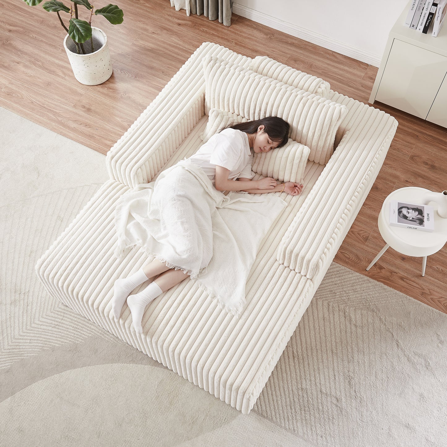 Muumblus Oversized Chaise Lounge Chair, No Assembly Required, Corduroy Sleeper Sofa Bed for Living Room, Beige