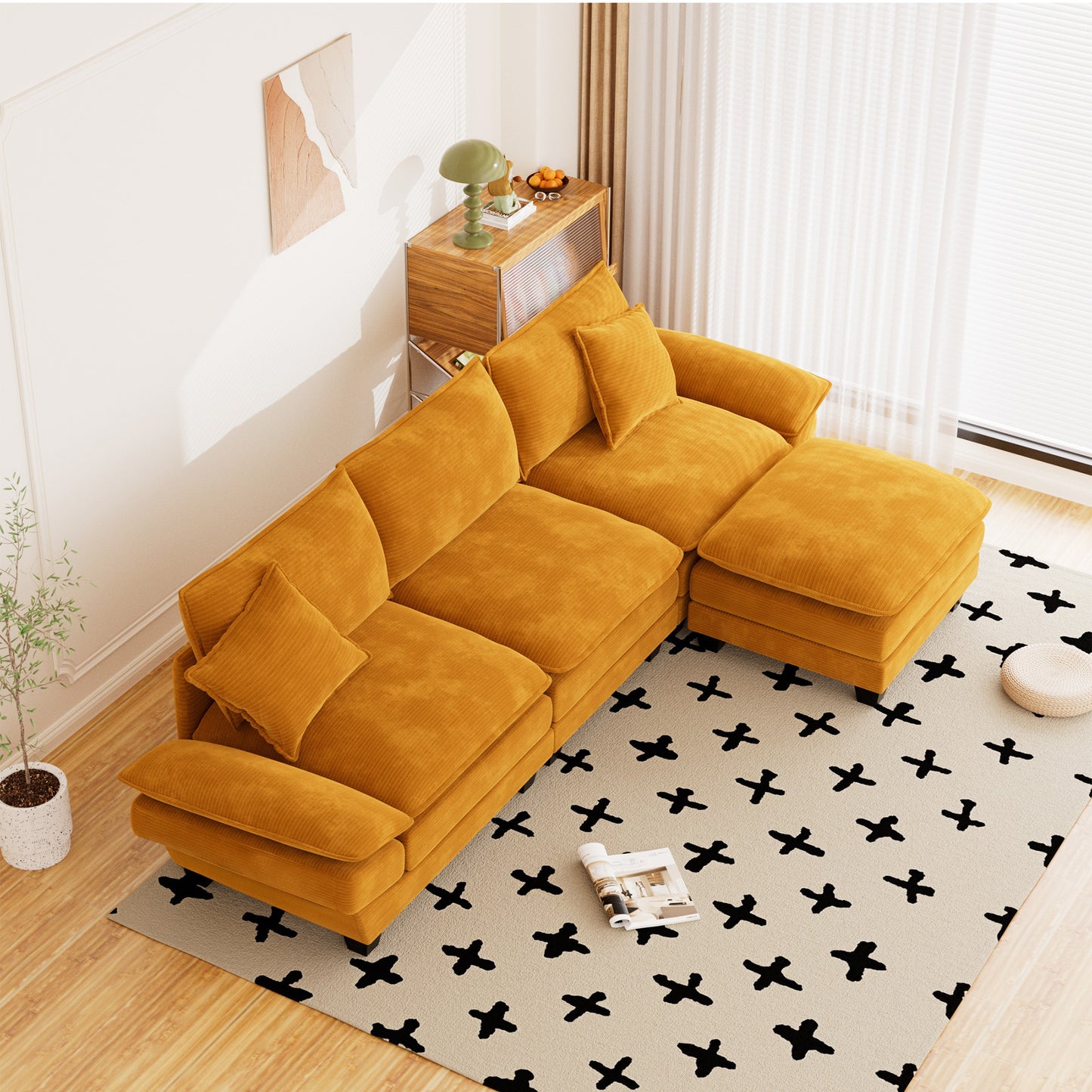 Muumblus 108" Modular Sectional Sofa with Ottoman, L-Shaped Couch with Chaise, Corduroy Sleeper Couch for Living Room, Black