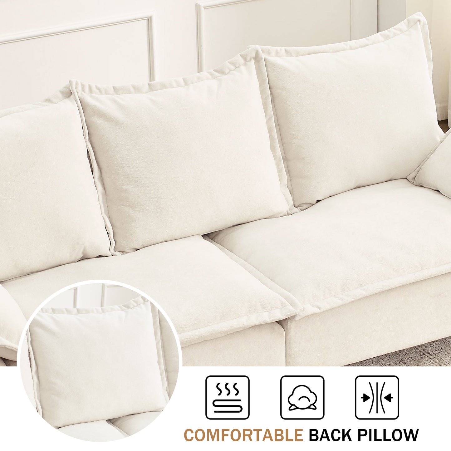 Muumblus 88.5" Upholstered Sofa Couch, 3 Seater Loveseat Sofa with 2 Pillows, Modern Velvet Couch for Living Room, Beige