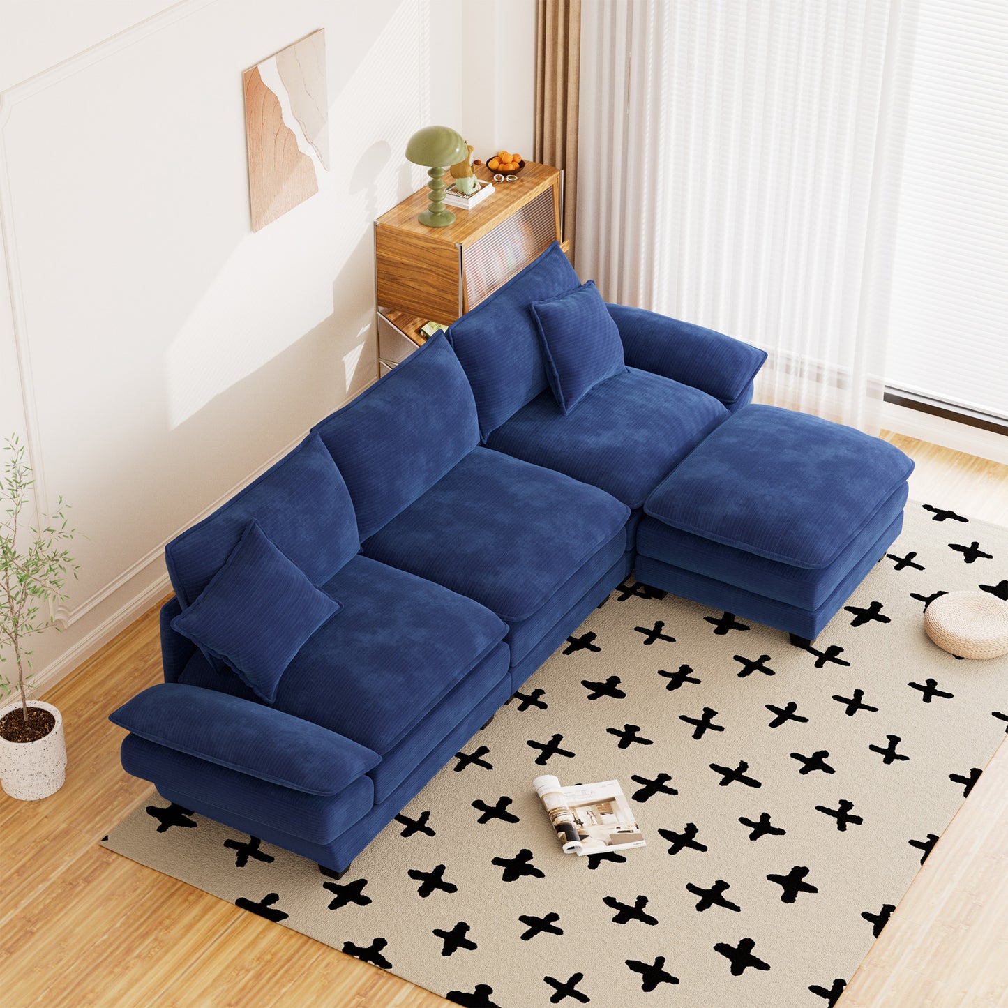 Muumblus 108" Modular Sectional Sofa with Ottoman, L-Shaped Couch with Chaise, Corduroy Sleeper Couch for Living Room, Black